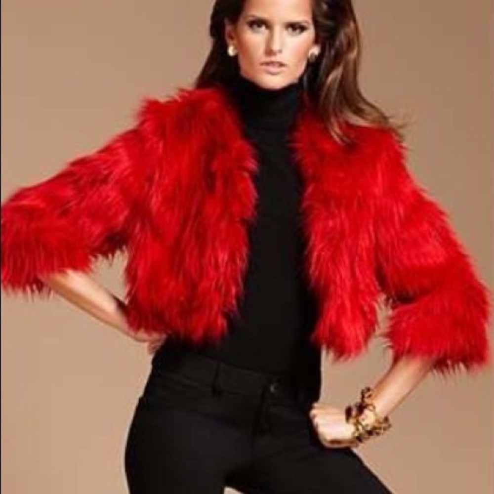 Red INC International Concepts Faux Fur Crop Length Jacket Coat Medium Christmas